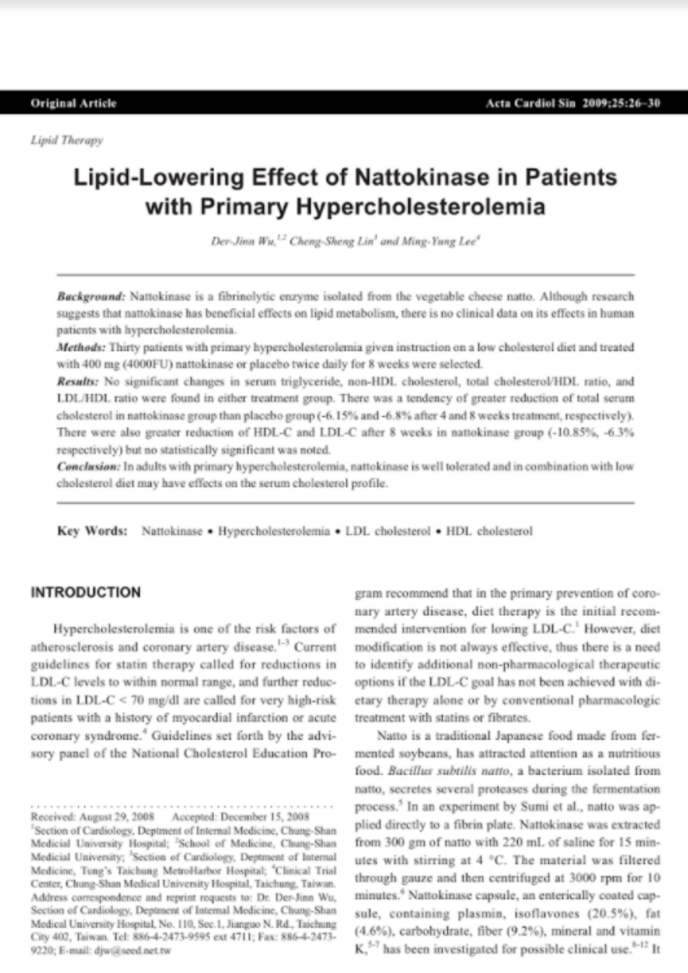 Lipid-Lowering Effect of Nattokinase in Patients with Primary Hypercholesterolemia
