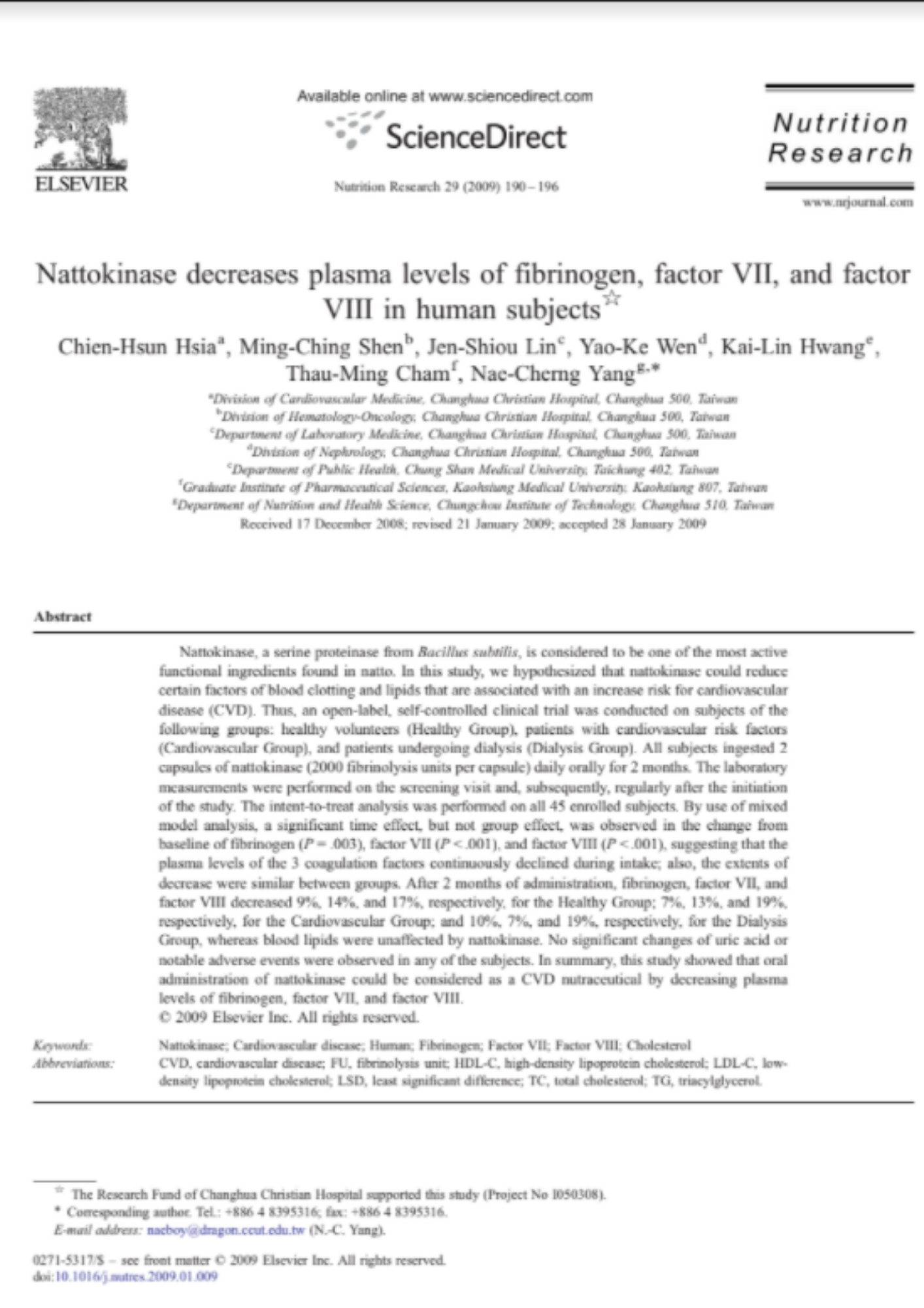 Nattokinase decreases plasma levels of fibrinogen, factor VII, and factor VIII in human subjects