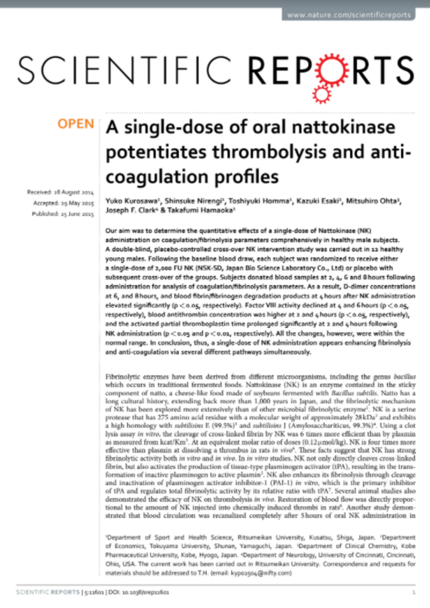 A single-dose of oral nattokinase potentiates thrombolysis and anti - coagulation profiles